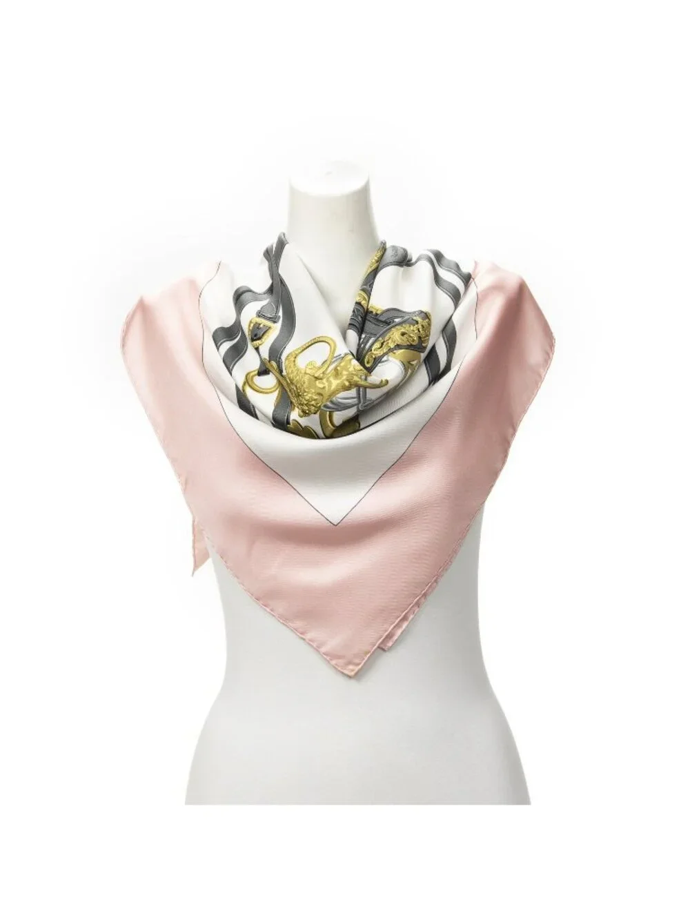 Hermes Scarf Pink Gray Gold 100 % Twill Silk